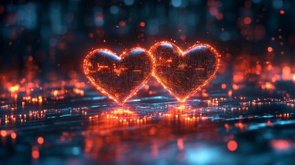 Poster - Digital hearts represent love in a virtual exchange between a couple in a futuristic setting