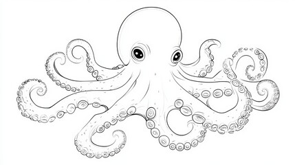 Wall Mural - octopus outline drawing, black and white vector illustration. sea life, marine animals coloring page