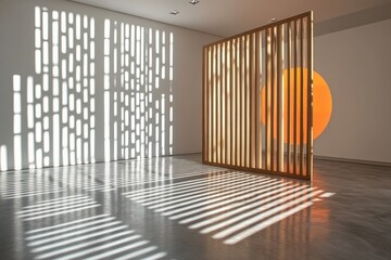 Aufkleber - An artistic installation casting light and shadow patterns on a concrete wall, featuring a wooden sculpture and bold orange circular element, blending art and space.