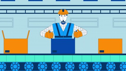 Poster - Production line worker packing boxes in warehouse cartoon animation. Factory 4K video 2D motion graphic. Hard hat workman sealing cardboard box conveyor belt animated character on blue background