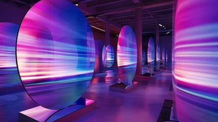 Poster - Big data visualization showing many futuristic purple and blue digital screens in a gallery, representing a new era of information technology and processing