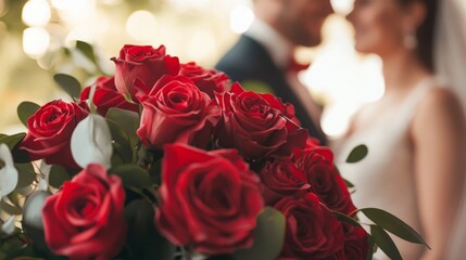 Wall Mural - A couple enjoys their wedding day surrounded by lush greenery, holding a bouquet filled with vibrant red roses. The background captures a dreamy outdoor atmosphere, enhancing the moment.