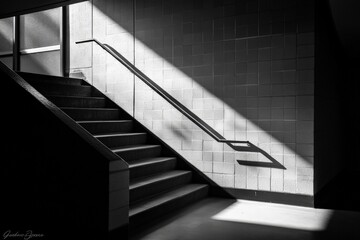 Aufkleber - A modern staircase featuring a play of light and shadow, illustrated through its stark, angular design, evoking strong geometrical interest and dynamic expression.