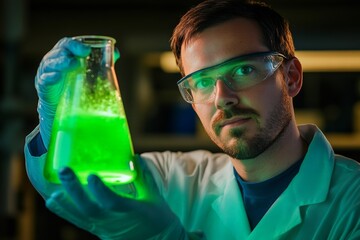 Leinwandbilder - A researcher in a laboratory attentively studies a glowing neon substance in a beaker, epitomizing focus and dedication crucial to scientific advancements.