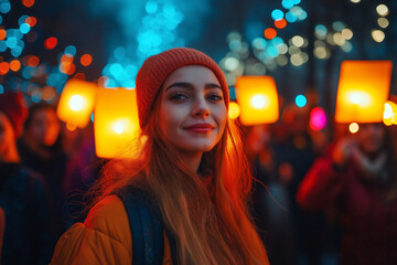 Wall Mural - Global citizens unite in vibrant protest with glowing lanterns for change. Generative AI