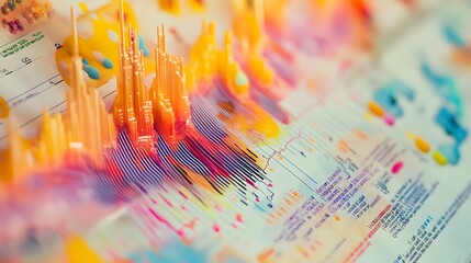 Poster - Colorful abstract data visualization with bright spikes representing statistics. This image illustrates innovation and modern analytics in a vivid and artistic manner.