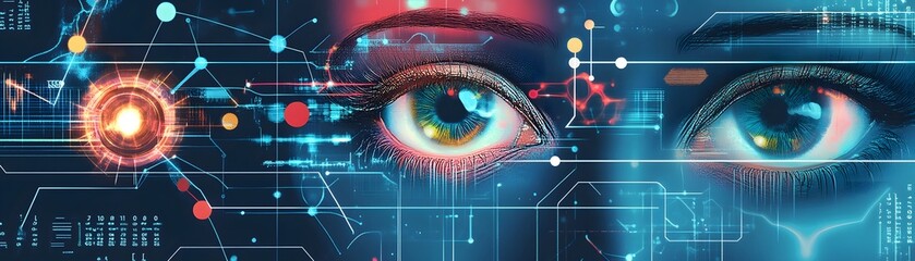 Poster - Futuristic digital eye concept featuring vibrant colors and intricate circuits, symbolizing the fusion of technology and human perception in a modern world.