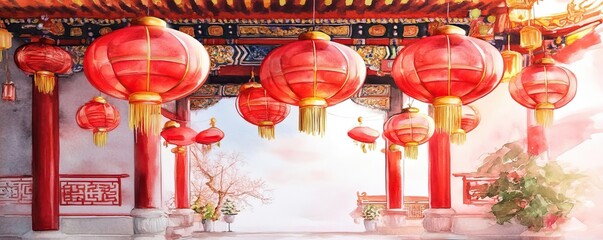 Wall Mural - Chinese new year temples concept. Chinese temple during Lunar New Year, adorned with red lanterns and gold accents, peaceful atmosphere, watercolor style