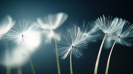 Poster - Delicate dandelion seeds floating gracefully in soft light against a dark background
