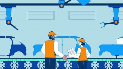 Poster - Manufacturing automobile industry cartoon animation. Automaker process 4K video 2D motion graphic. Auto factory workers supervising assembling motor vehicles animated characters on blue background