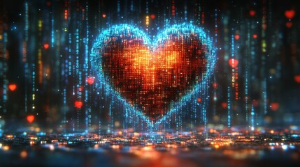 Poster - Glowing binary code heart with colorful lights for a futuristic Valentine's celebration