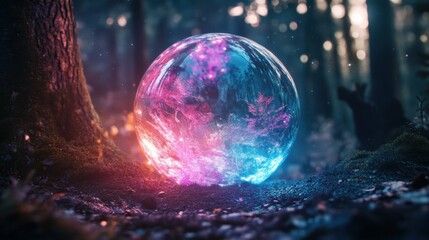 Wall Mural - magical glowing crystal orb in a forest, vibrant multicolored light, realistic textures, isolated wi