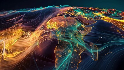 Poster - Colorful streams of data flow across an illuminated world map at night, creating a mesmerizing visualization of global networks and information exchange