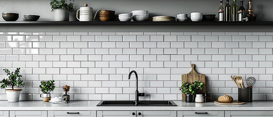 Modern kitchen with open shelving and minimalist decor featuring plants and utensils