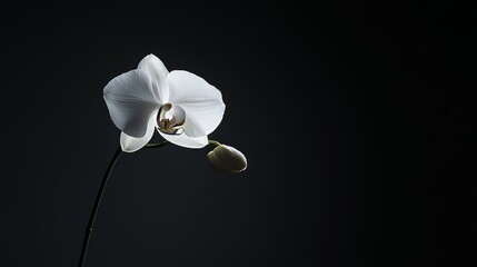 Aufkleber - A single white orchid blossom against a black background, minimalist shot, Contemporary style