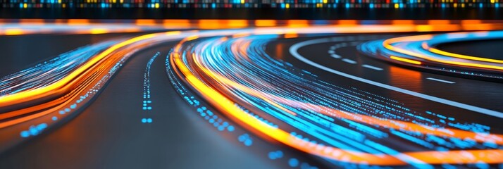 Poster - Abstract Technology Background, Flowing Light Trails and Binary Code Stream, Big Data Concept.