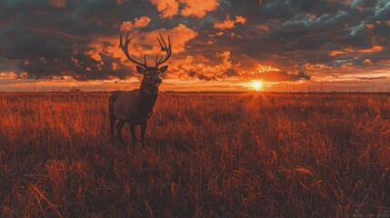 Sticker - Majestic stag in field at sunset.