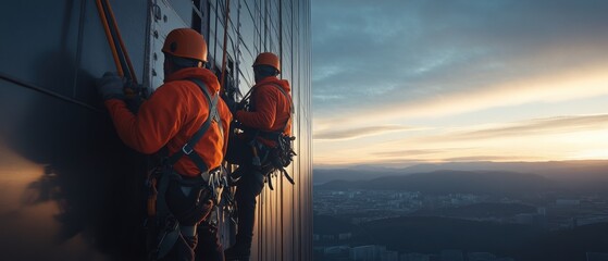 Poster - Wind turbine engineers scaling a blade for maintenance with safety harnesses