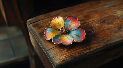 Wall Mural - Vibrant Enamel Flower Brooch on Rustic Wooden Table Surface