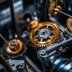 Poster - A close up of a machine with many gears, one of which is gold