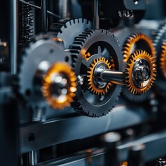 Poster - A close up of a machine with many gears, one of which is yellow