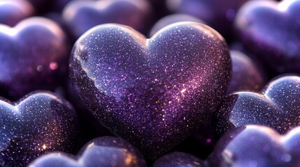 Poster - Glossy metallic heart cluster with shimmering purple and black hues in a decorative arrangement