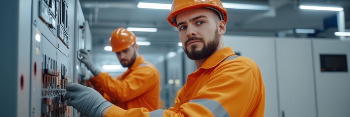 Aufkleber - Electrical engineers assembling control panels in a well-lit factory environment