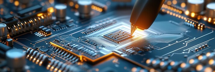 Aufkleber - Electrical engineer working on a circuit board in a high-tech laboratory, illuminated by bright LED lights