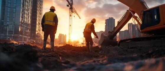 Poster - Construction workers laying the foundation for a modern skyscraper,