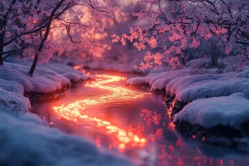 Aufkleber - Vibrant glowing stream flows amid snow-covered cherry blossoms under a colorful sky, blending natural elegance with dreamlike wonder in a surreal setting.