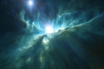 Aufkleber - A breathtaking cosmic scene features a vivid explosion of colors, with a radiant star illuminating the vast, swirling, and mysterious deep space. Majestic hues captivate the viewer.