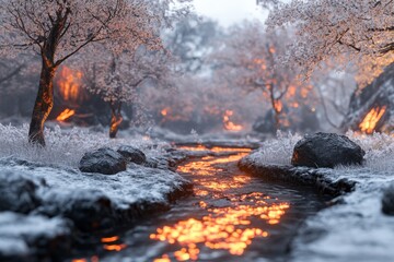 Aufkleber - This enchanting winter landscape showcases a glowing river winding softly through a snow-laden forest, with fiery trees adding a touch of magical warmth to the scene.