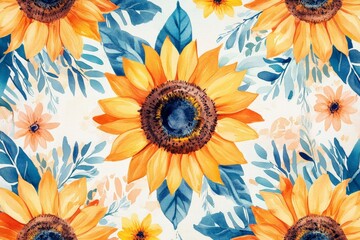 Aufkleber - The image showcases a vivid and artistic arrangement of sunflowers and leaves, featuring a harmonious blend of vibrant yellows, blues, and greens in the design.