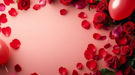 Aufkleber - A festive arrangement features vivid red roses, scattered petals, and balloons against a soft backdrop, creating a romantic atmosphere. Ideal for celebrations like anniversaries or Valentine's Day.