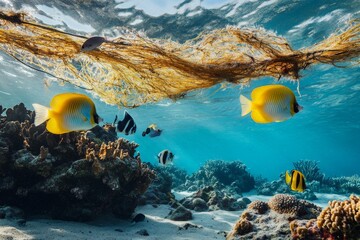 Poster - This image displays vibrant fish swimming elegantly through entangled seaweed amidst colorful coral reefs, illustrating a delicate balance of marine ecosystems.