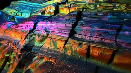 Poster - Macro photography showing colorful layers of peacock ore creating an abstract that resembles big data, with vibrant hues of blue, pink, orange, and green