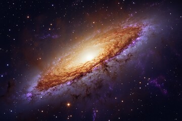 Poster - This image showcases a magnificent spiral galaxy with a luminous core, surrounded by swirling colors of blue and orange against a star-filled background.
