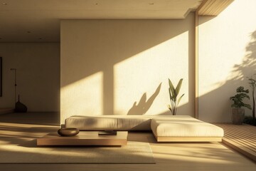 Leinwandbilder - A minimalist interior featuring sun-filled natural light streaming into a modern room with sleek furniture and potted plants, offering a tranquil and stylish sanctuary.