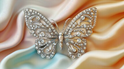 Wall Mural - Elegant Butterfly Brooch Adorned with Sparkling Rhinestones on Satin