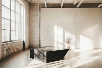 Poster - A lofty, industrial-style room with sunlight pouring in, highlighting modern architectural features and minimalistic decor with an earthy color palette.