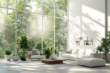 Poster - This image features a spacious, modern living room with floor-to-ceiling windows offering a serene view of the surrounding lush forest, filled with natural light.