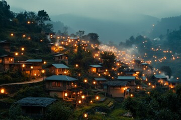 Poster - This image depicts a hillside village illuminated by countless glowing lanterns, casting a magical glow over the landscape and enhancing the sense of community and festivity.