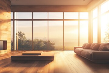 Poster - A spacious, modern interior featuring floor-to-ceiling windows that bathe the room in the warm glow of a sunset, with minimalist furniture enhancing the tranquil scene.