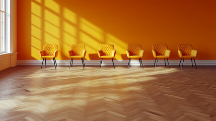 Poster - modern interior with bright orange wall and stylish chairs in a spacious room during daylight hours