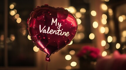 Poster - A heart-shaped balloon with the words My Valentine floats in a softly lit room. Warm lights create a romantic atmosphere, perfect for a celebration of love. Pink flowers add charm to the decor.
