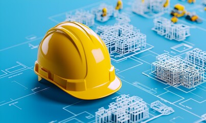 Yellow Hard Hat on Architectural Blueprints with Construction Layouts