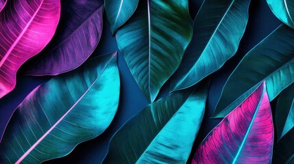 Poster - vibrant and colorful tropical leaves displaying rich textures and shades of green, pink, and blue fo