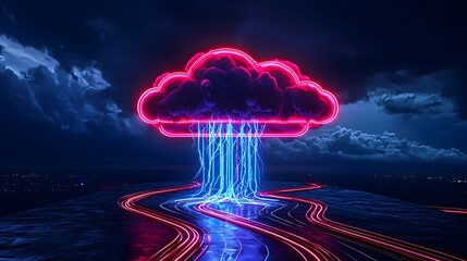 Poster - Vibrant Cloud Computing Concept with Neon Elements and Lightning Effects