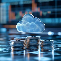 Poster - Cloud Computing Concept with Growing Stack of Coins on Digital Background