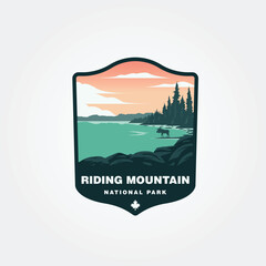 riding mountain national park vintage outdoor logo vector illustration design, moose on the lake wat